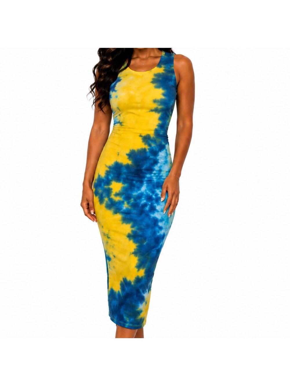 💙💛 Super Cute Colorful Tie-Dye Midi Dress – Size Medium 💛💙